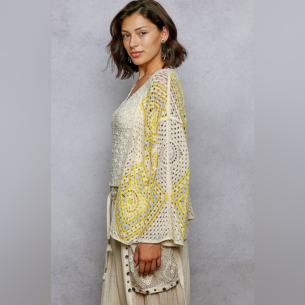 POL Yellow and Blue Boho Crochet Cardigan - Picture 2 of 12